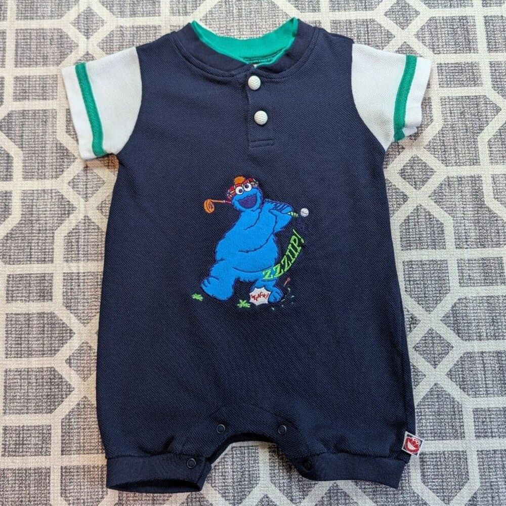Vintage Sesame Street Cookie Monster Golf T-shirt Shorts Romper Navy Blue 18m